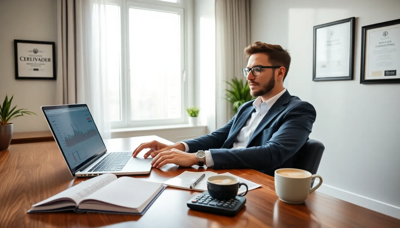 freelancer managing bookkeeping in a modern home office.