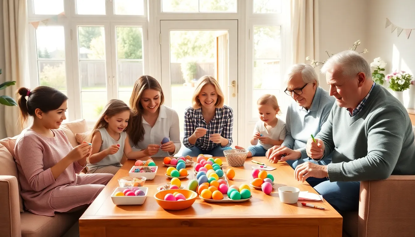 diverse family decorating Easter eggs in a bright living room.