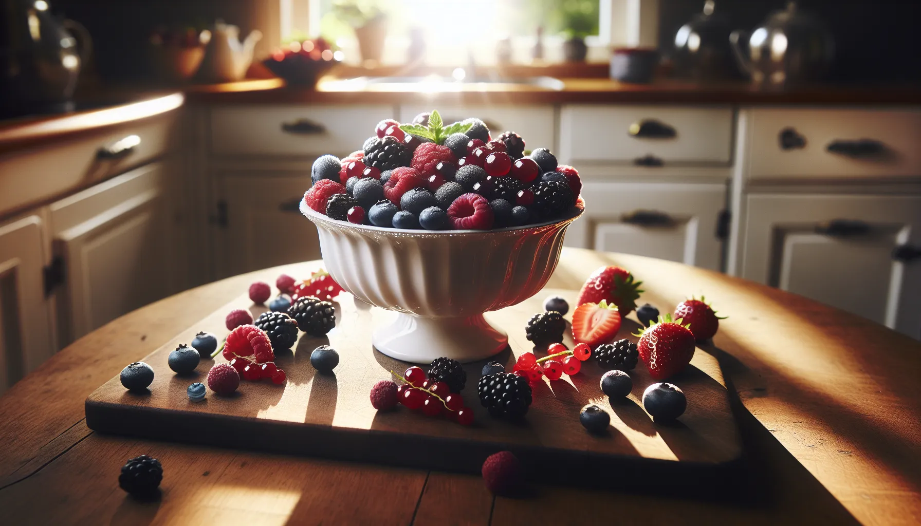 A bowl of fresh mixed berries on yogurt in a bright norwegian kitchen.