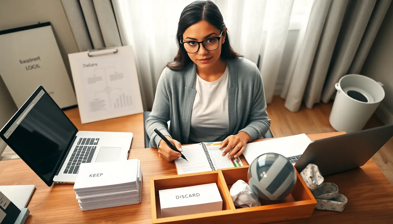 Person sorting notes and ideas at a sunlit desk, labeling keep/test/discard.