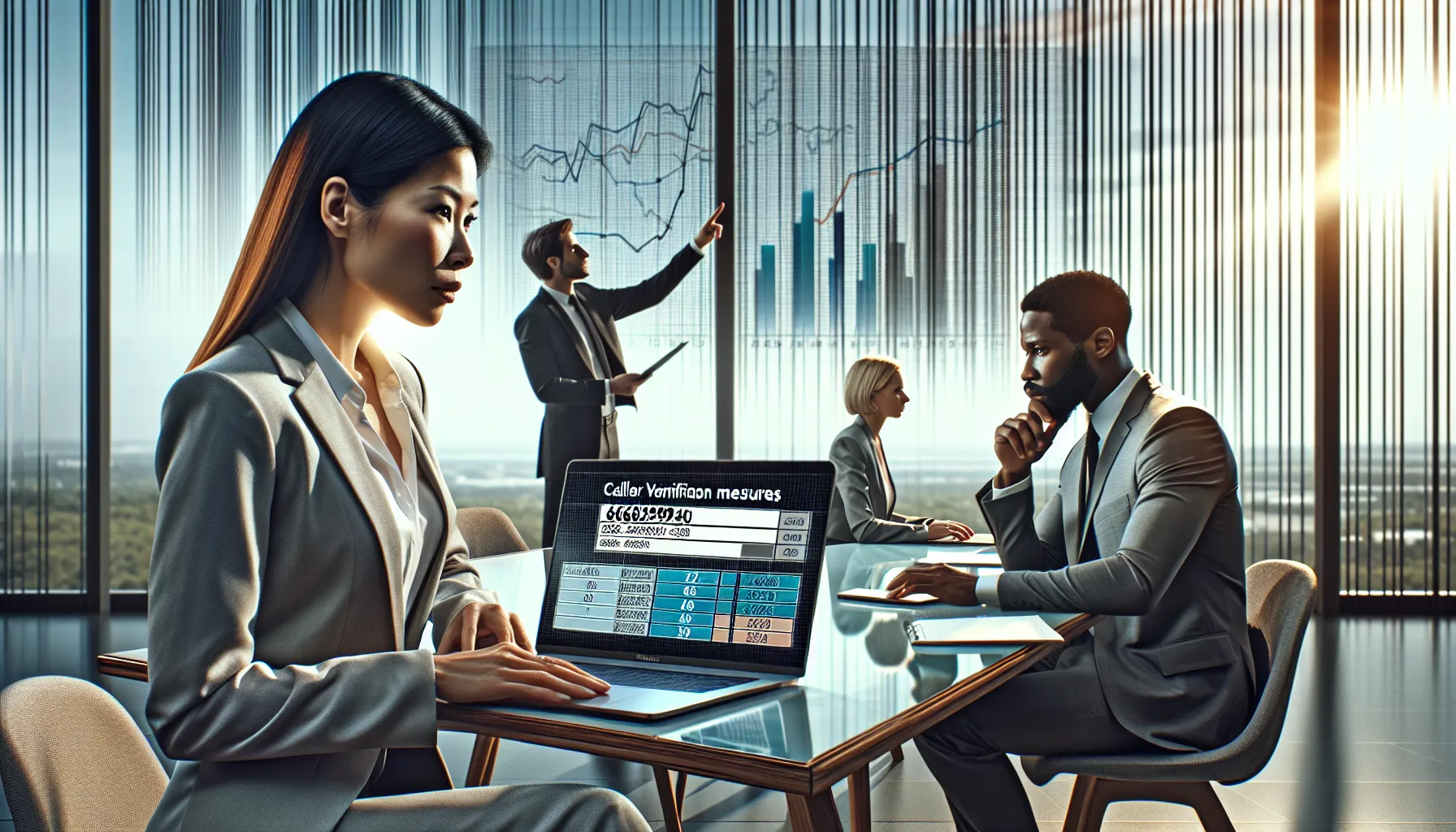 diverse professionals discussing call verification strategies in a modern office.