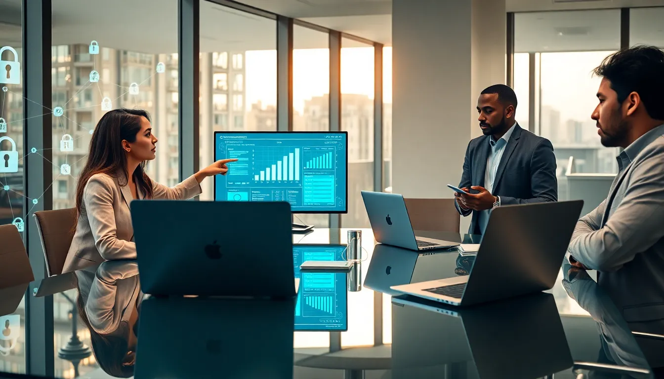 diverse team collaborating on cyber security solutions in a modern office.