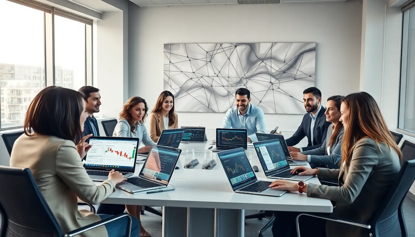 diverse professionals collaborating in a modern office for trading innovation.