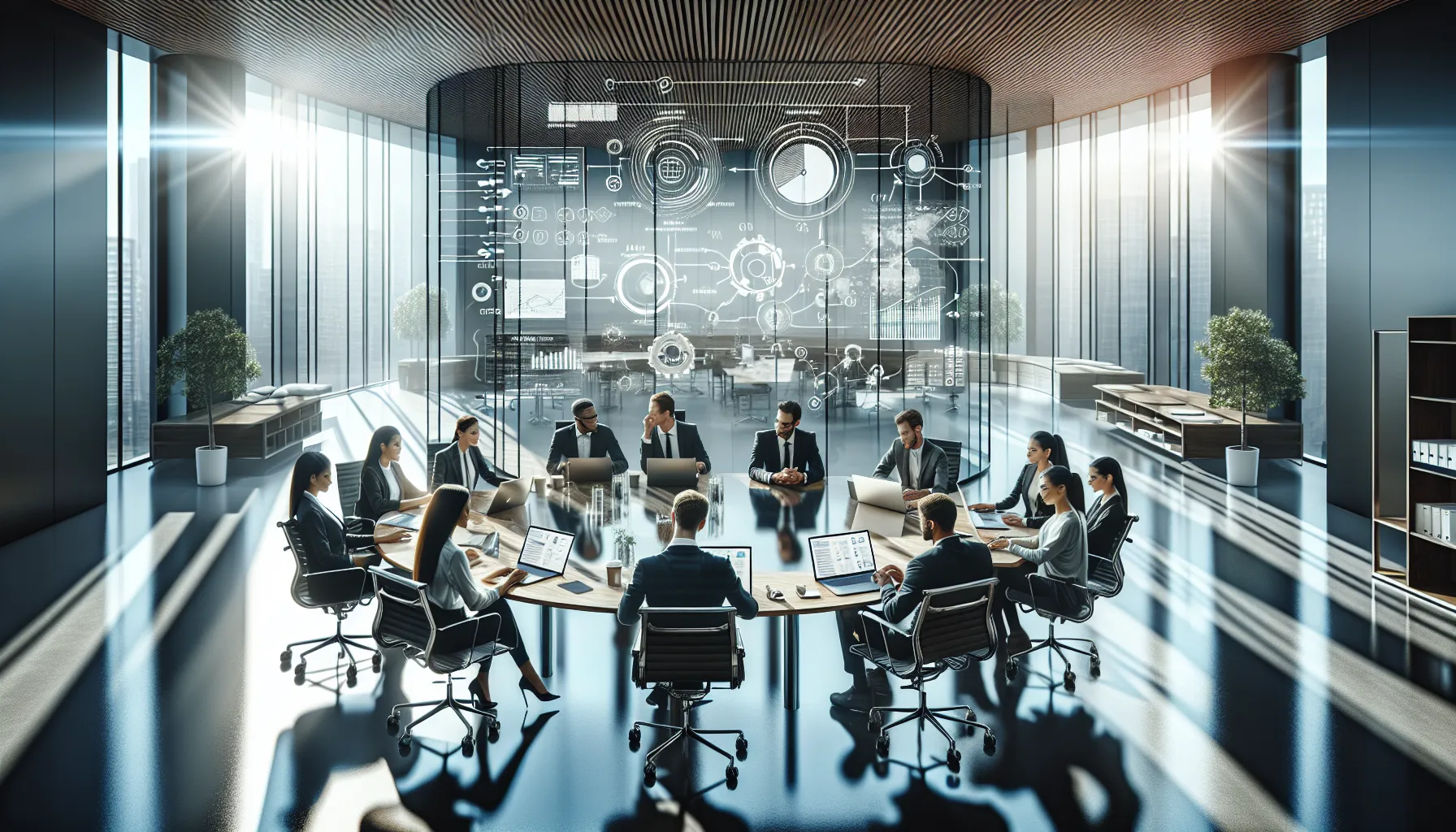 diverse team collaborating on project management in a modern office.