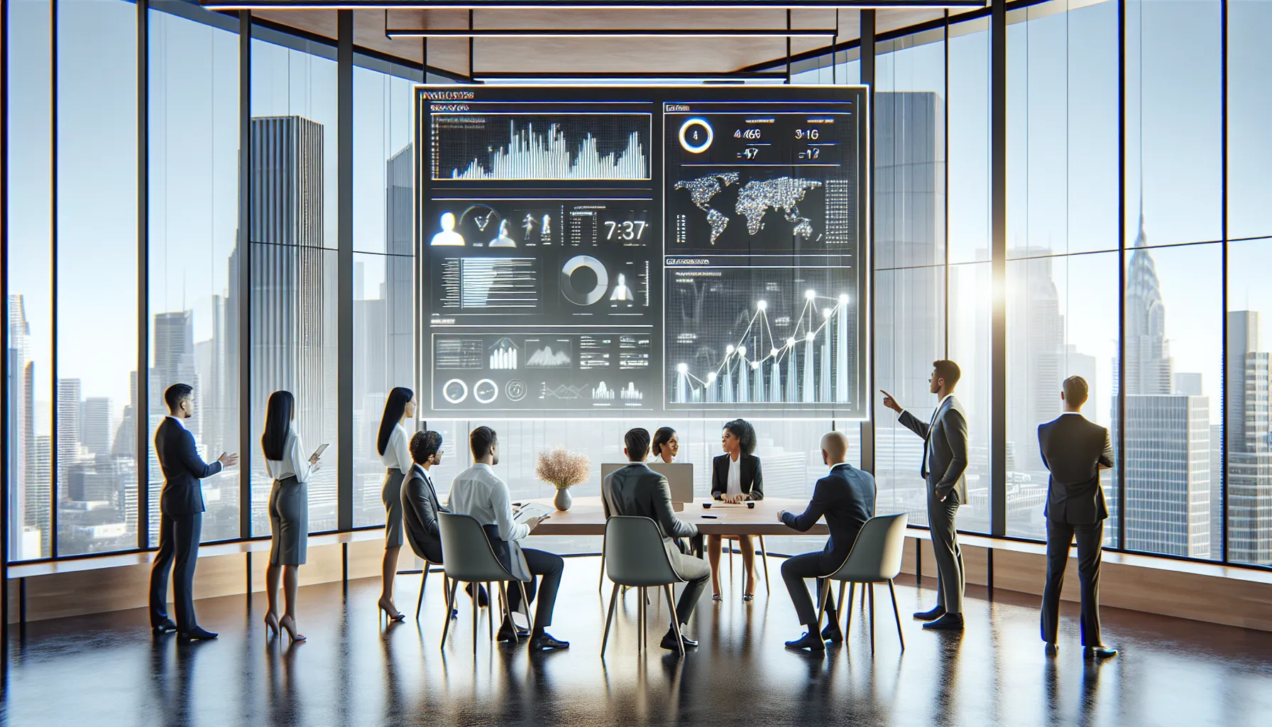 diverse professionals discussing Bledain89 in a modern office.