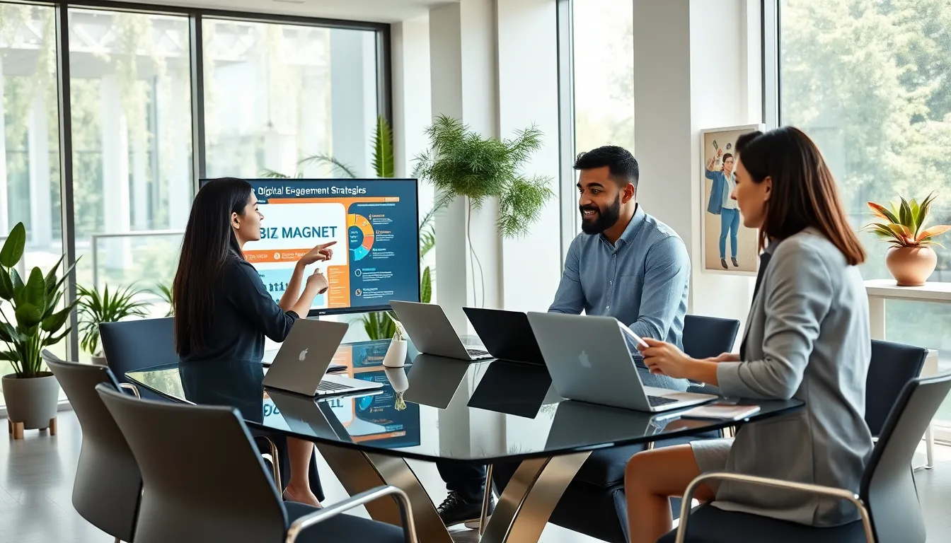 professionals collaborating on digital marketing strategies in a modern office.