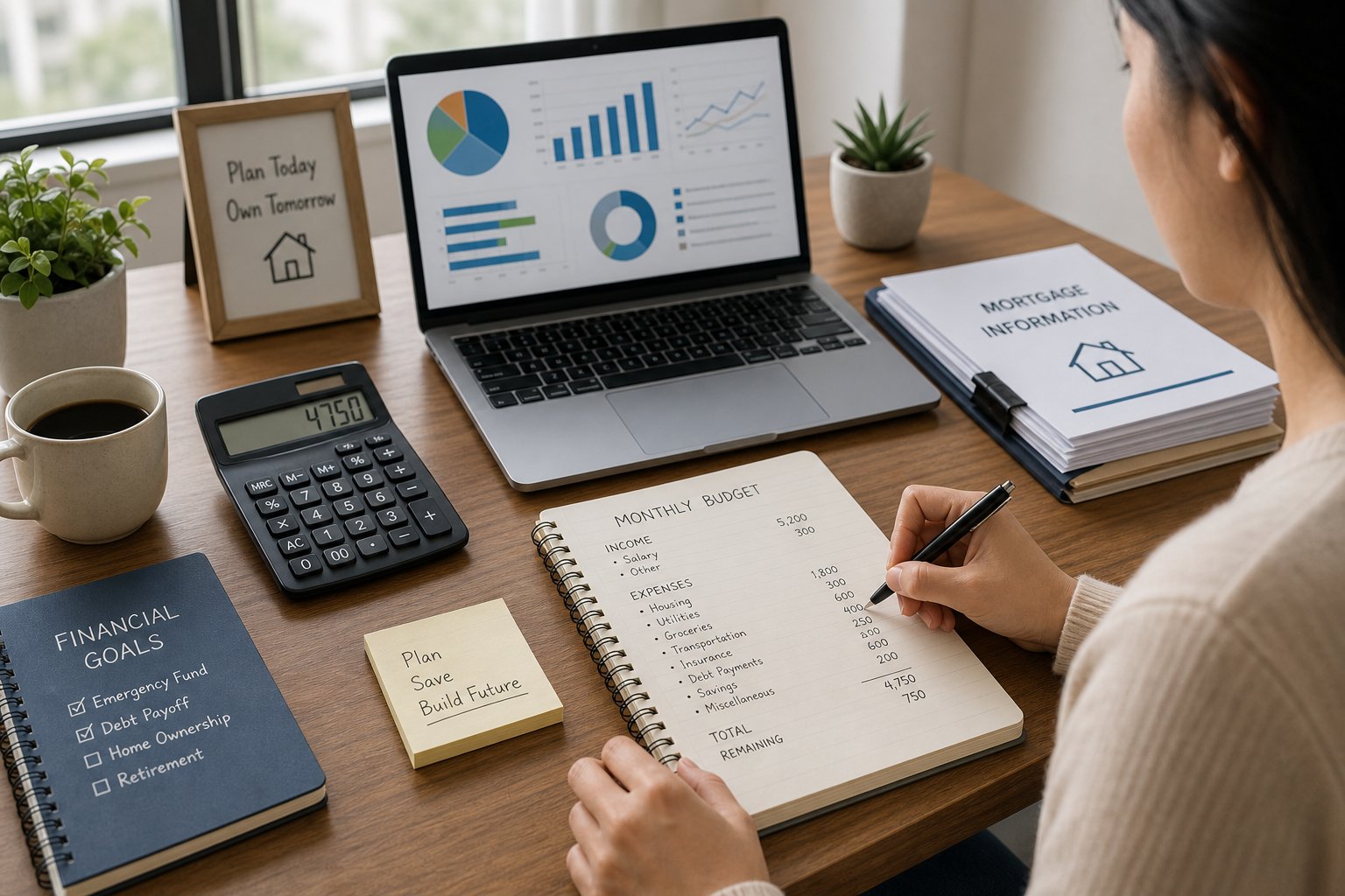Organized desk with calculator, documents, and laptop for reviewing borrowing costs.