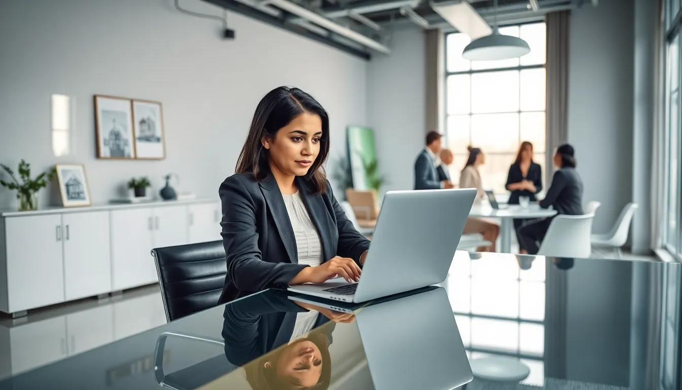 real estate agent focused on emails in a modern office.