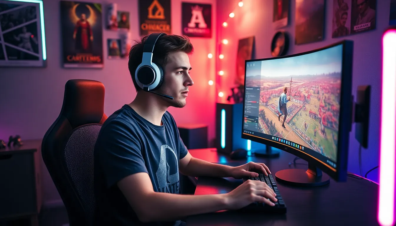 a young man gaming with dual monitors at a desk.