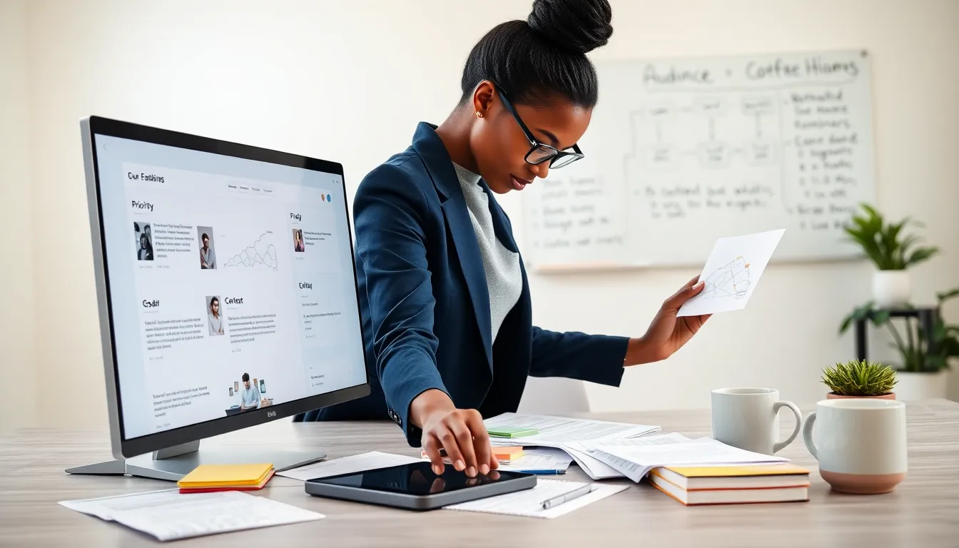 Curator arranging highlighted content on screens and index cards at desk.
