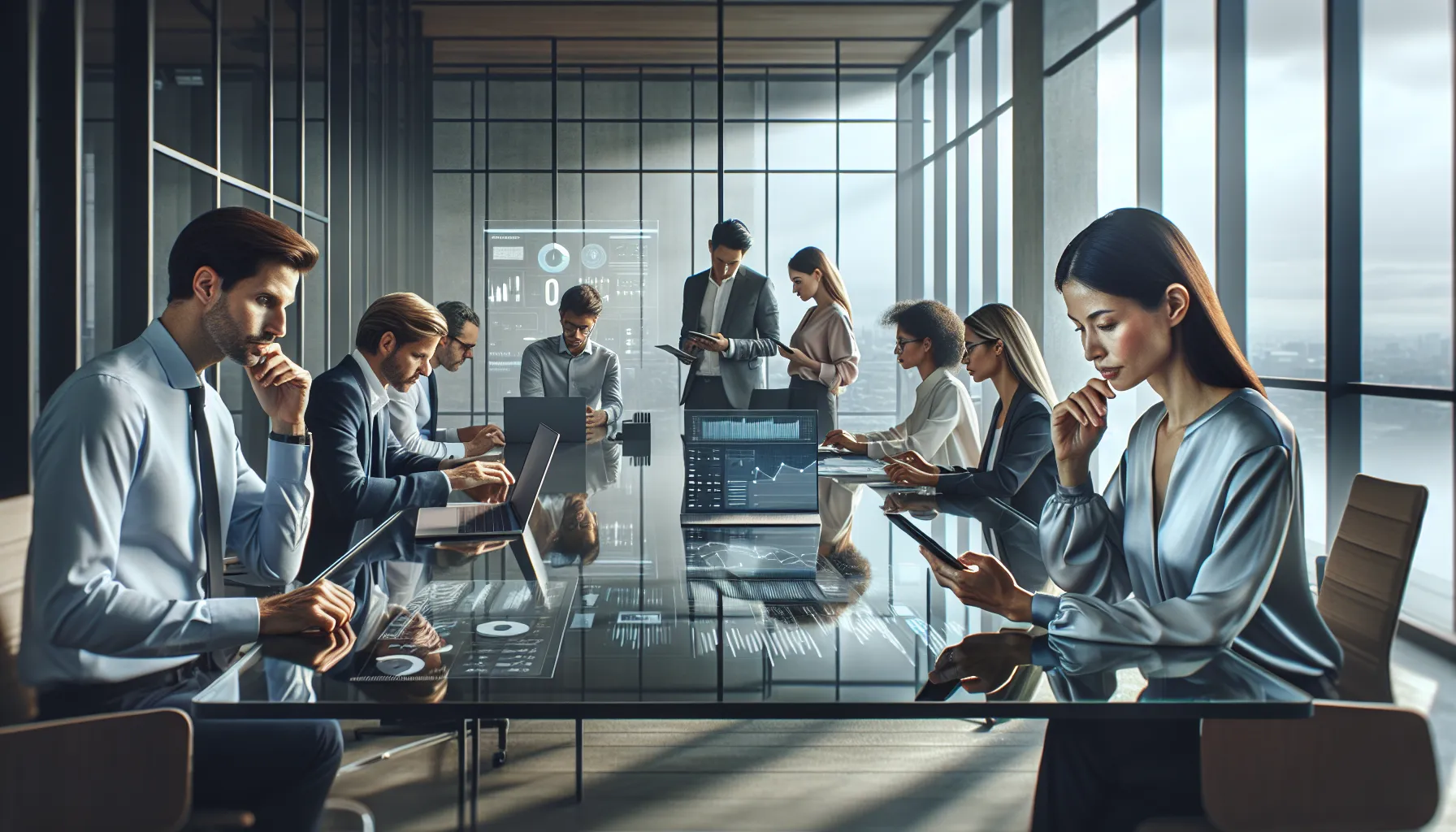 professionals collaborating in an office while checking a phone number.