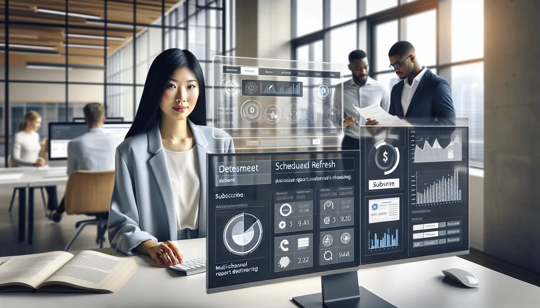 Analytics team managing Power BI scheduled report refreshes and email subscriptions in a modern office.