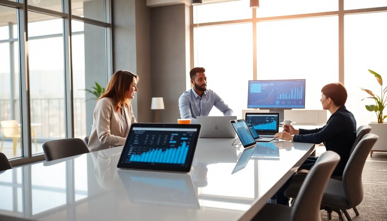 diverse team collaborating in a modern office on digital marketing solutions.