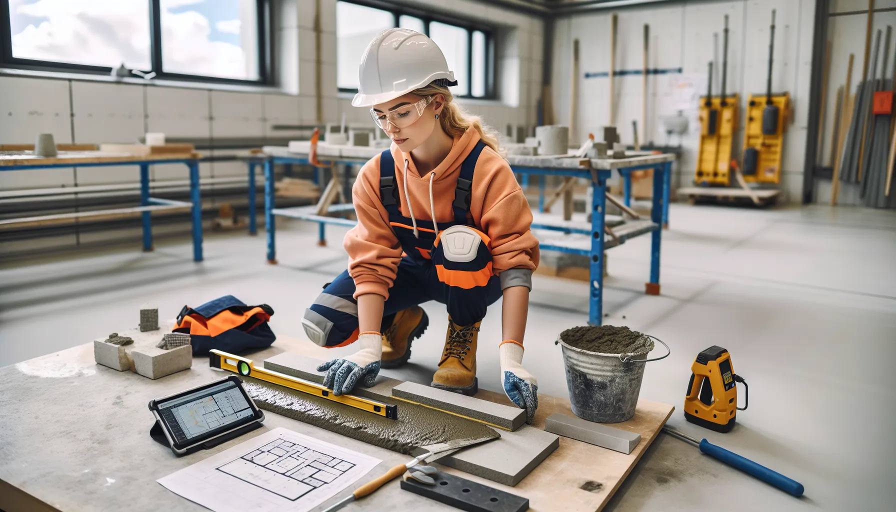 Norwegian apprentice aligning stonework; concrete formwork and rebar in training workshop.