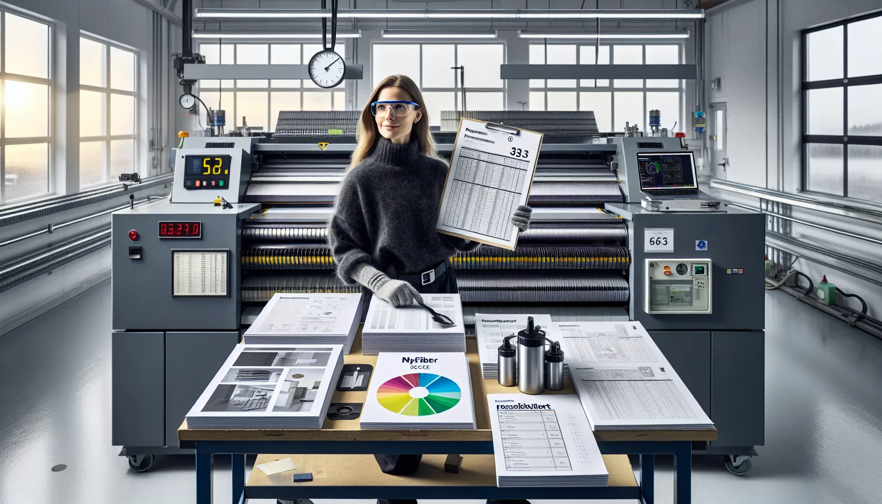 Akademiske studier om bærekraft i trykkindustrien 3 Researcher measures printing press energy while comparing virgin and recycled paper samples.