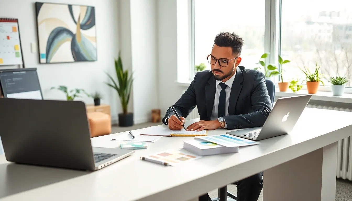 event planner budgeting in a modern office.