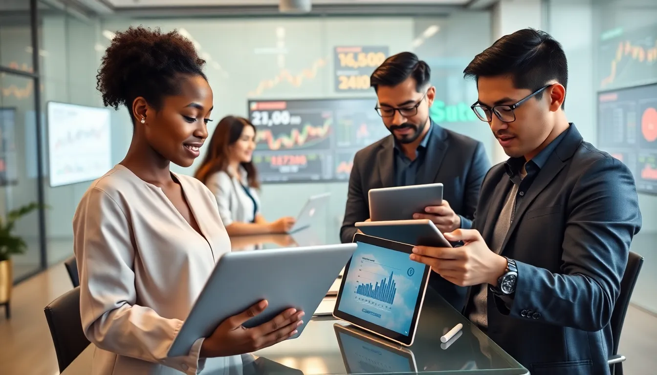 diverse professionals collaborating in a modern workspace on financial tools and insights.