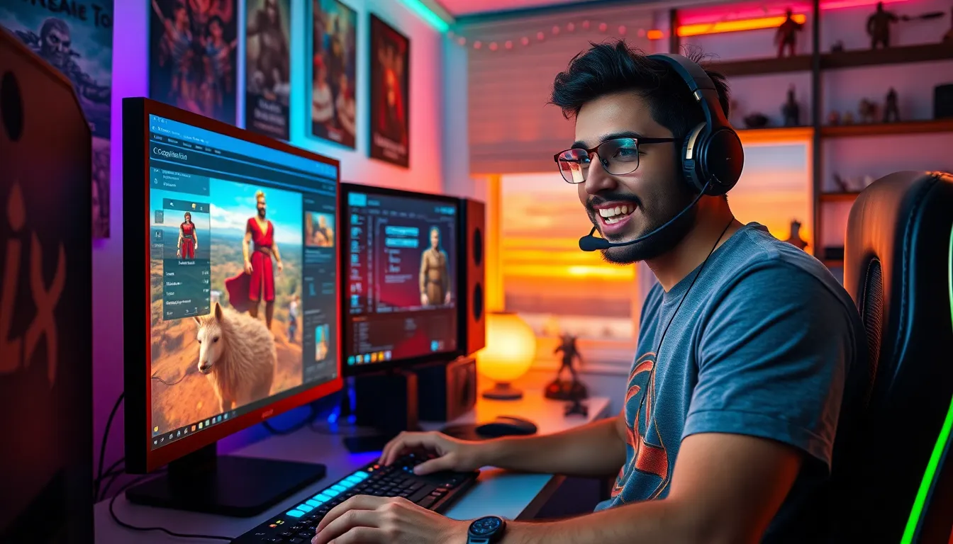 A young man customizing a character in a gaming setup at sunset.