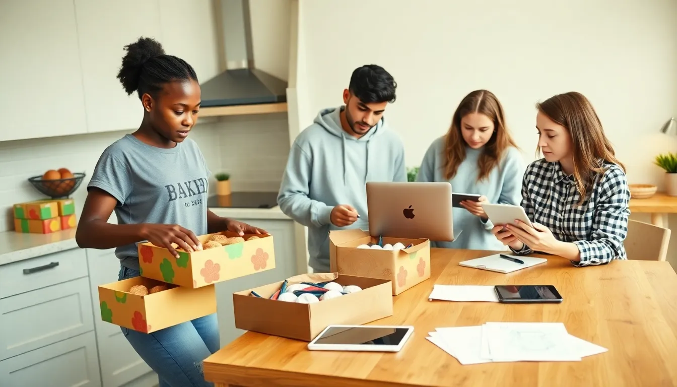 Teenagers engaged in various entrepreneurial activities in a modern kitchen.