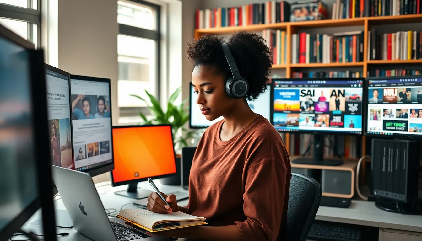A woman working in a modern office, exploring lotsofpower.net archives.