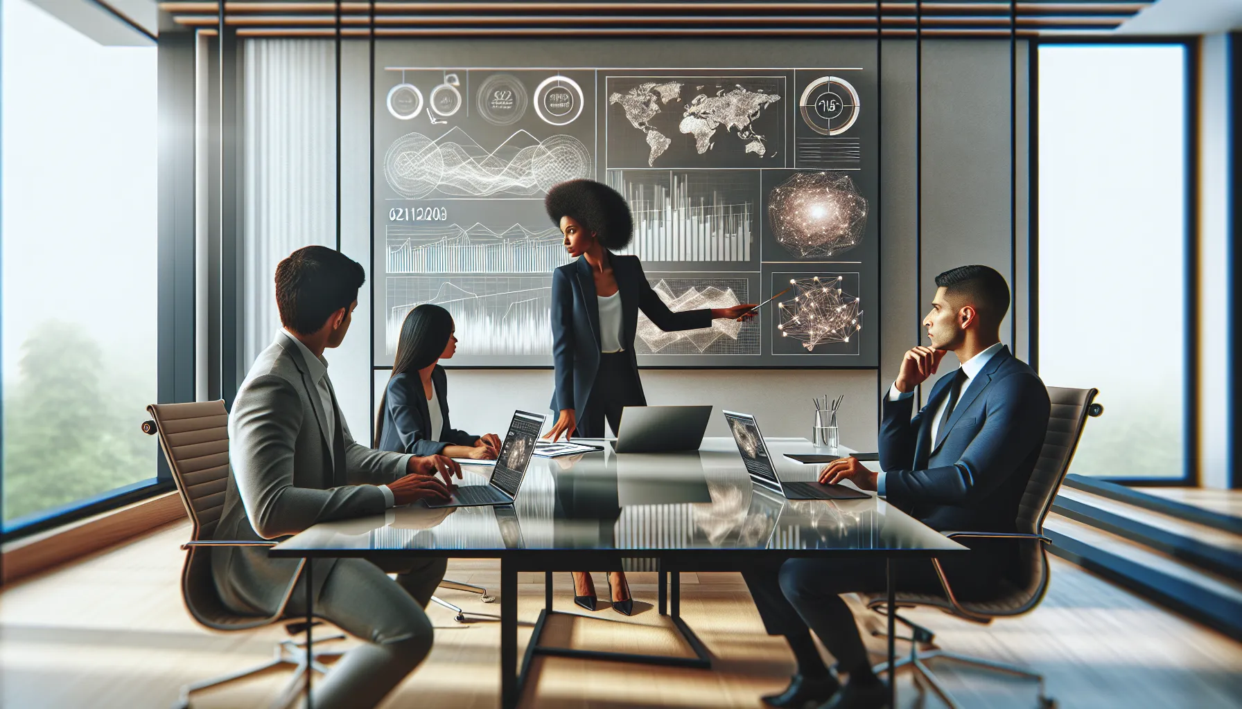 diverse team collaborating on data analysis in a modern office.