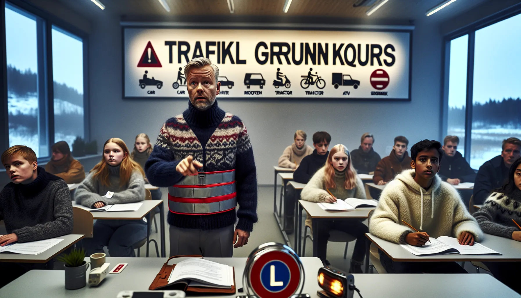 Instructor teaching norwegian trafikalt grunnkurs to mixed-age students with first-aid gear.