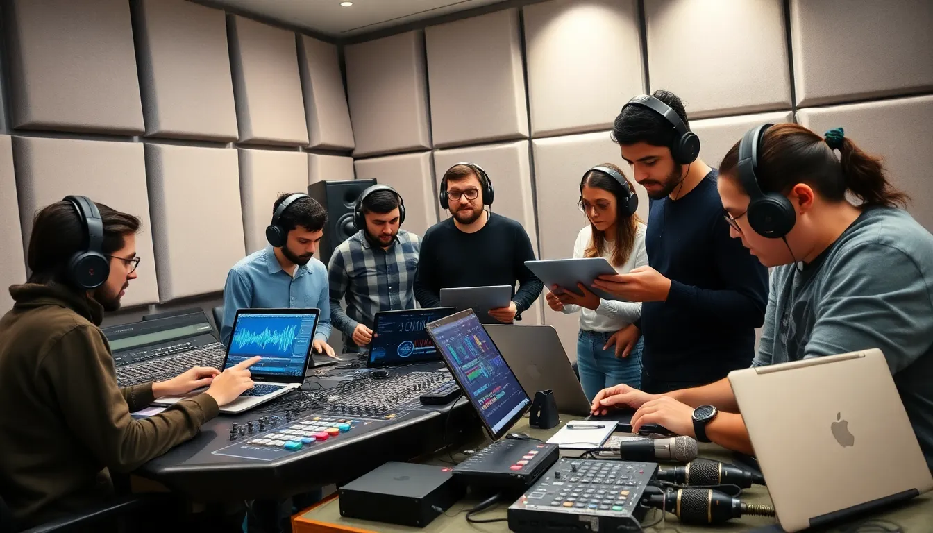 diverse music producers using headphones in a modern studio setting.