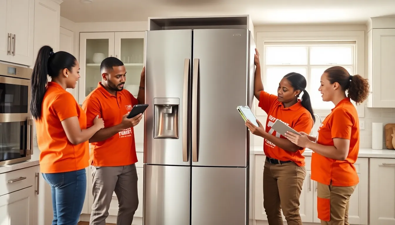 Home Depot delivery team setting up a refrigerator in a modern kitchen.