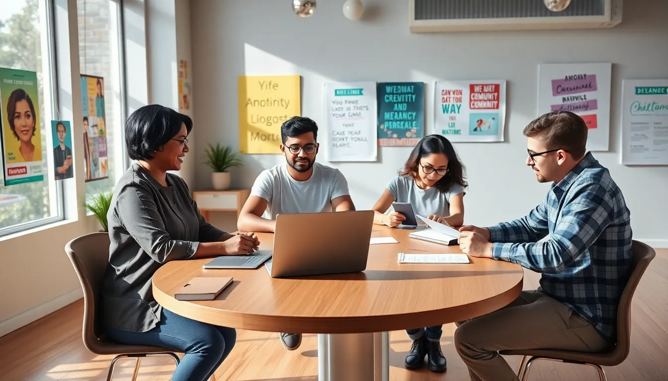 a diverse group brainstorming in a bright, modern workspace.