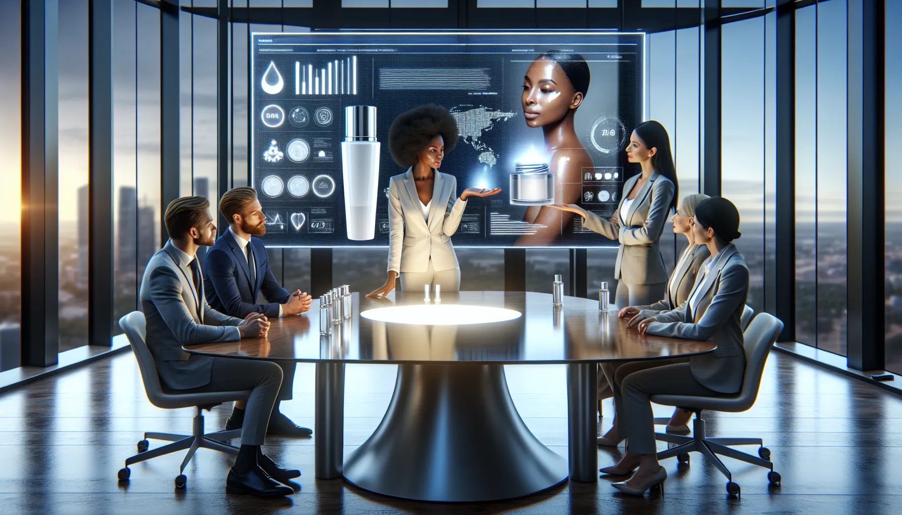 skincare professionals discussing skin lightening cream in a modern office.