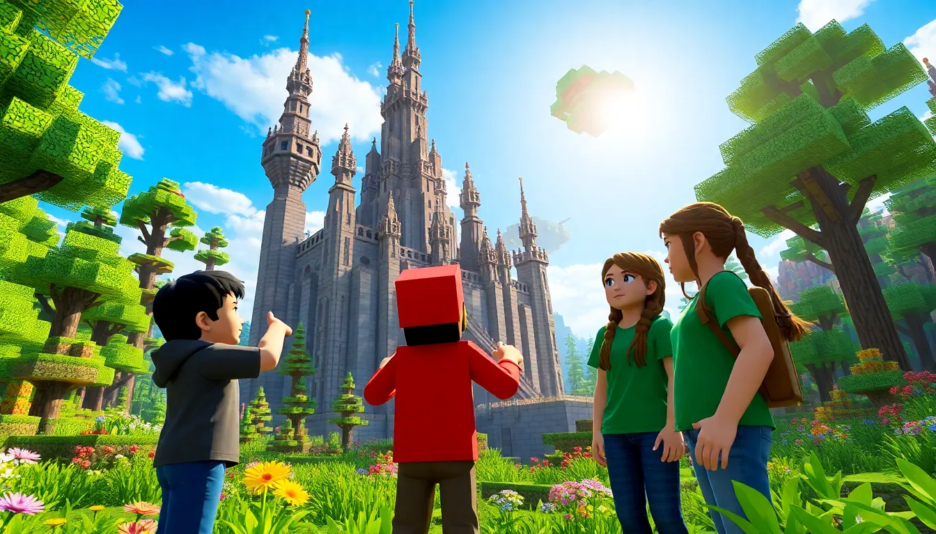 Players collaborating in a colorful Minecraft ImagineerGames environment.