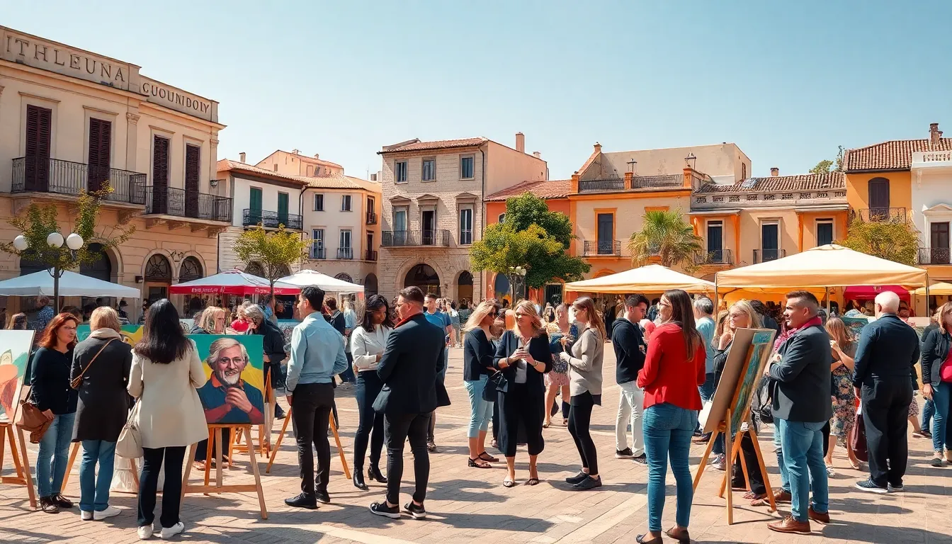 a vibrant town square in Vryntharion Krylos with an art show.