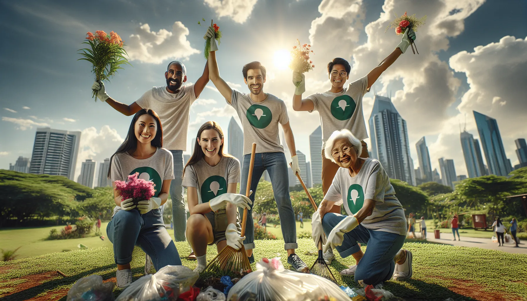community volunteers cleaning up a park together.