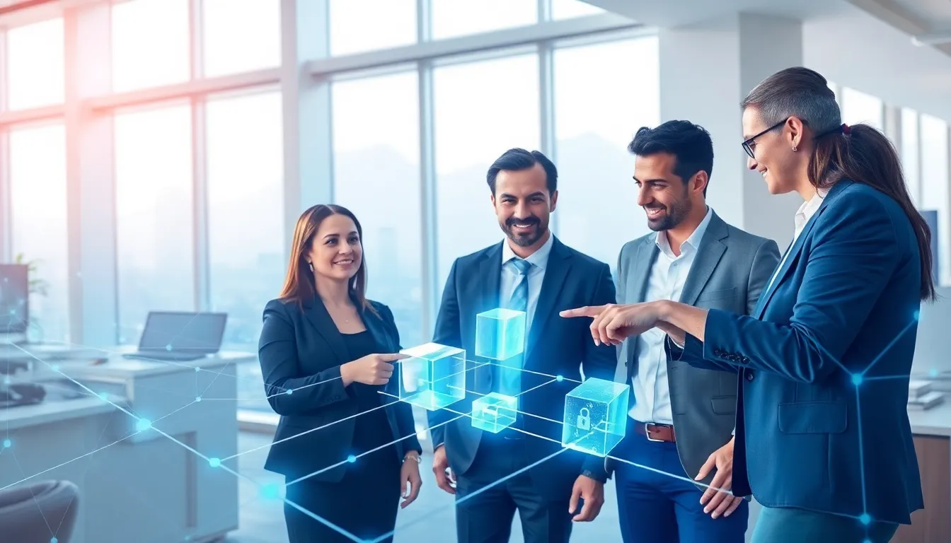 diverse team discussing blockchain technology in a modern office.