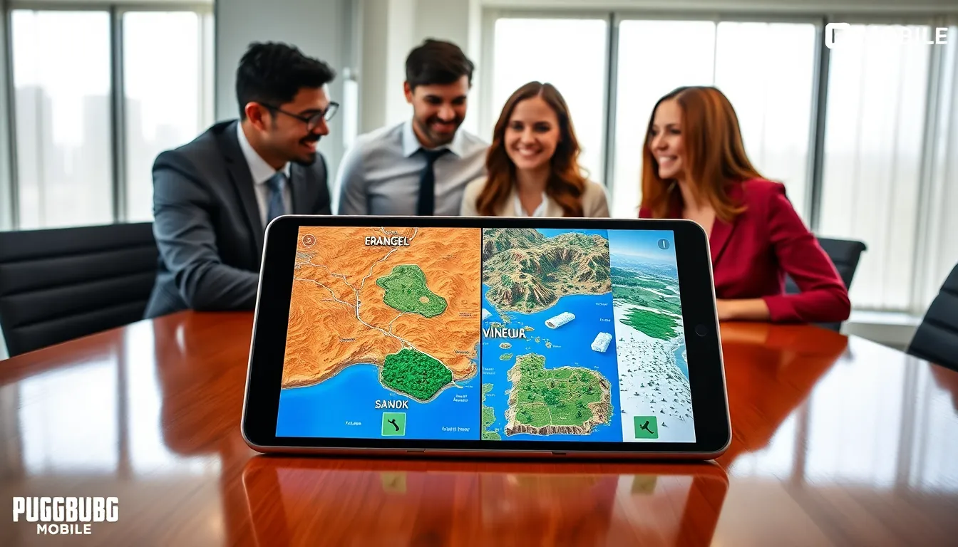 digital display of PUBG Mobile maps in a modern office.