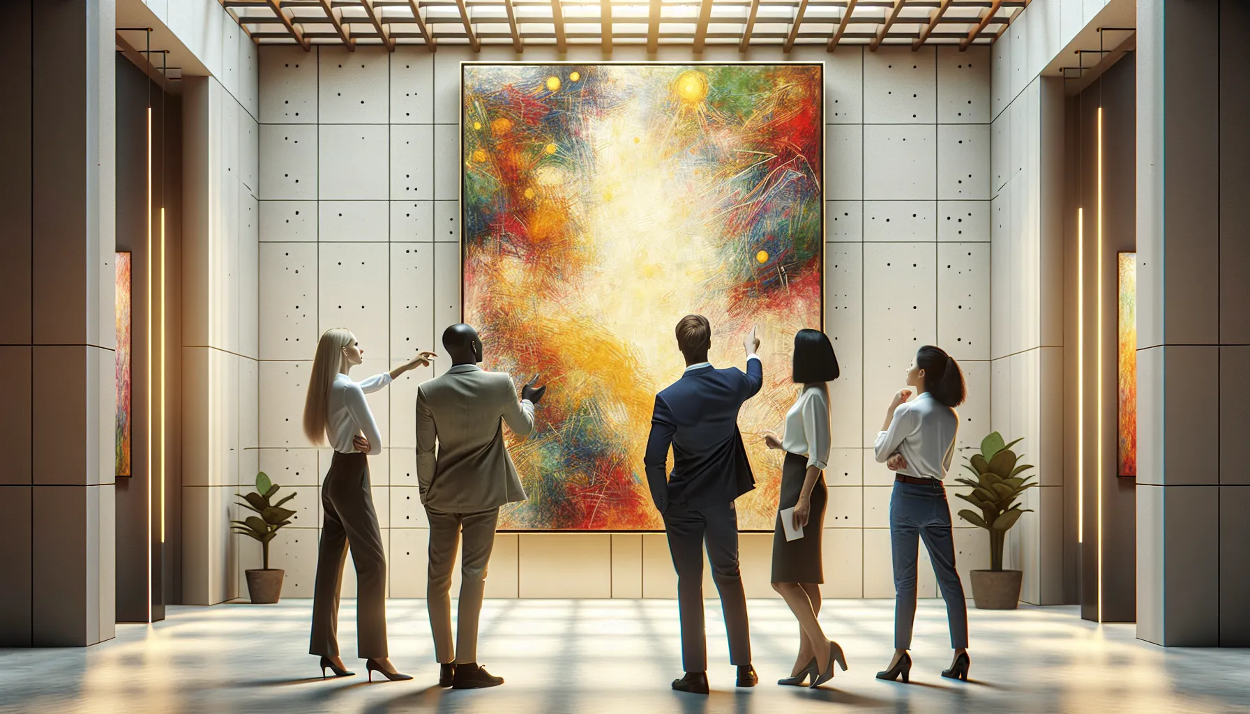 diverse group discussing modern art highlights in a bright gallery.