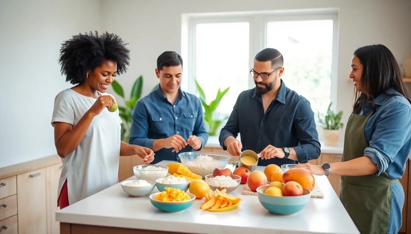 diverse team baking tropical cookies in a modern kitchen.
