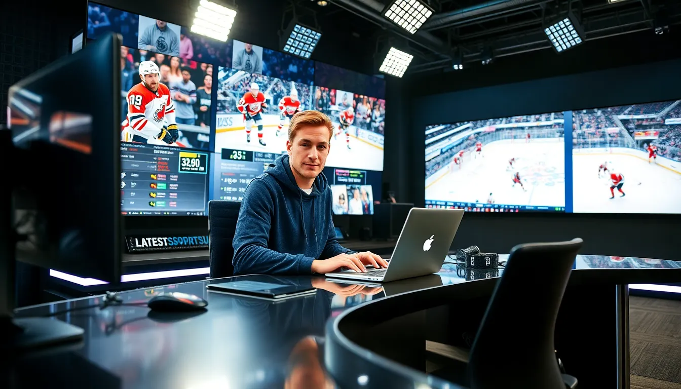 a sports journalist reporting live hockey updates in a modern newsroom.