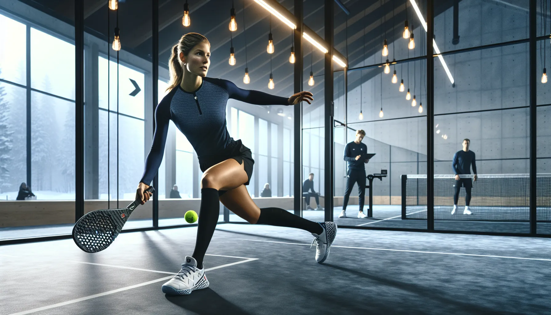 Focused norwegian padel player volleys during organized indoor tournament match, under led lights.