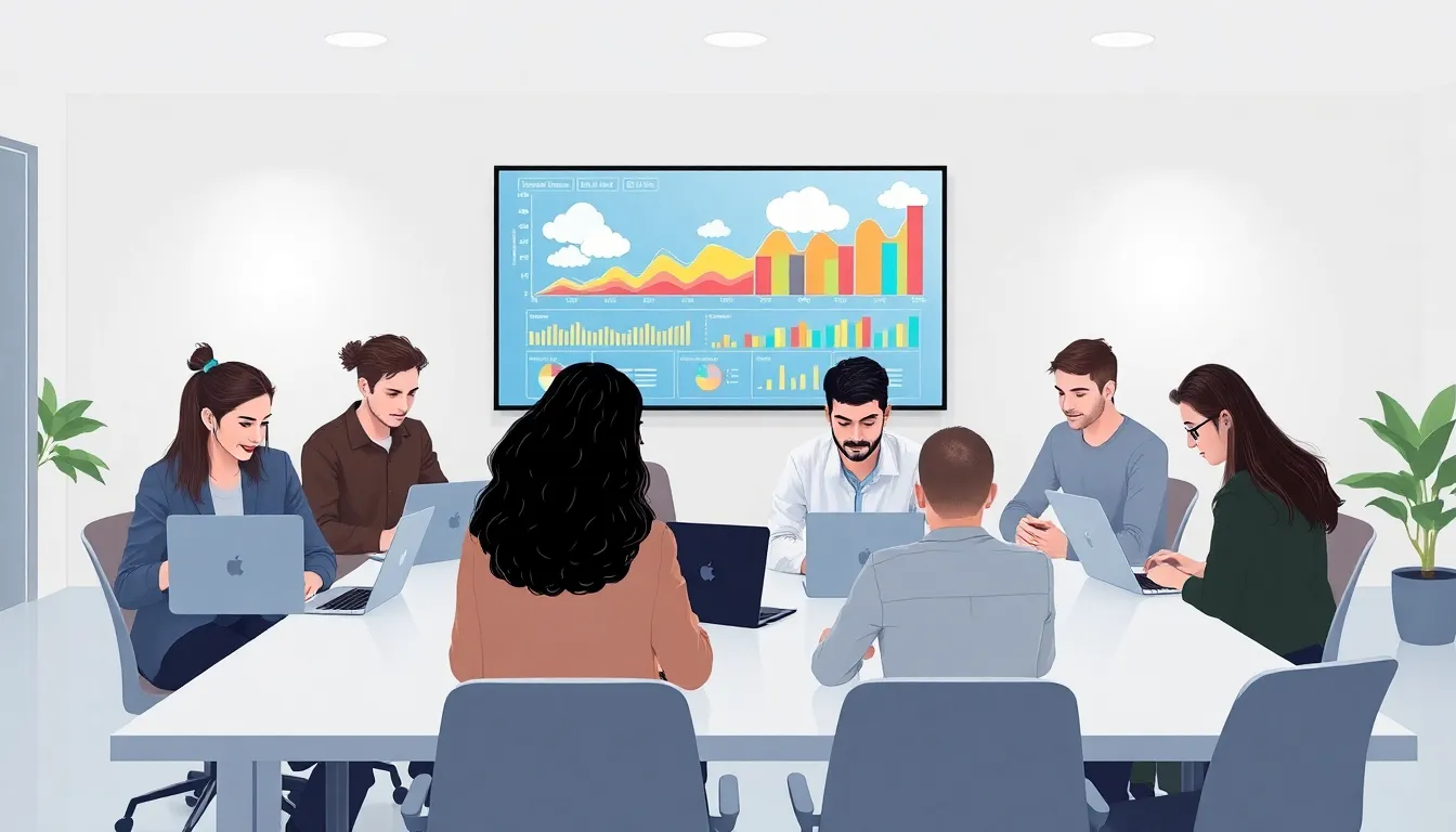 developers collaborating on software in a modern office setting.