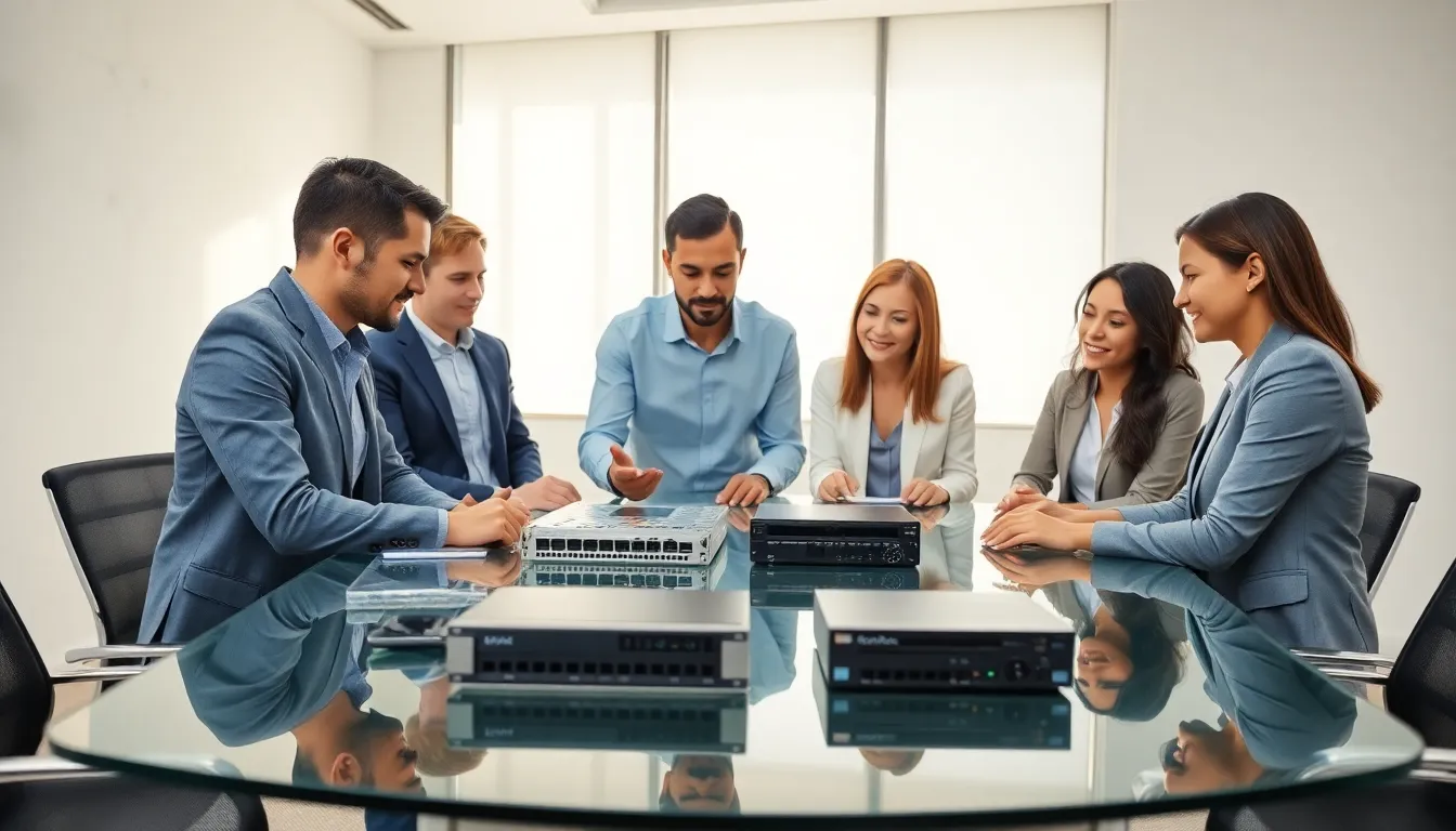 diverse team discussing hardware solutions in a modern office.
