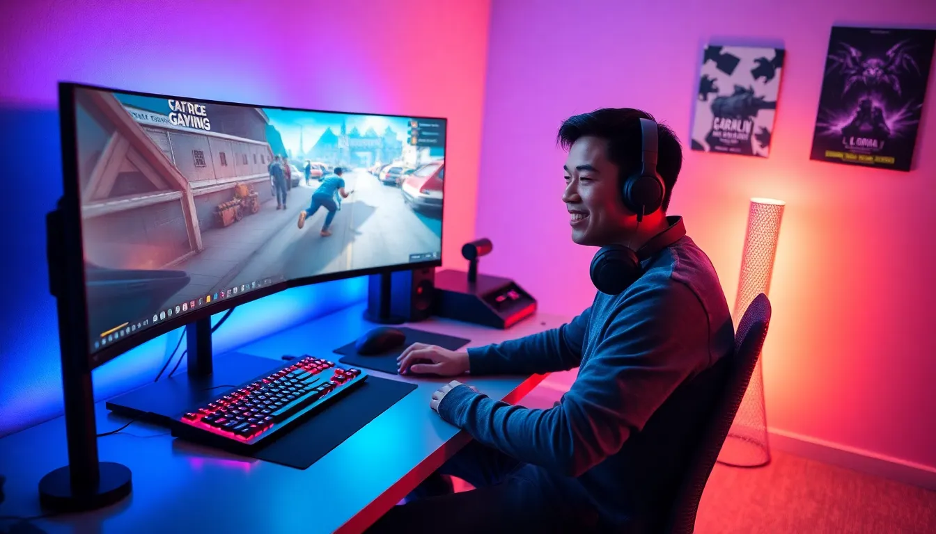 a gamer using a high-tech setup with a monitor, headset, keyboard, and mouse.