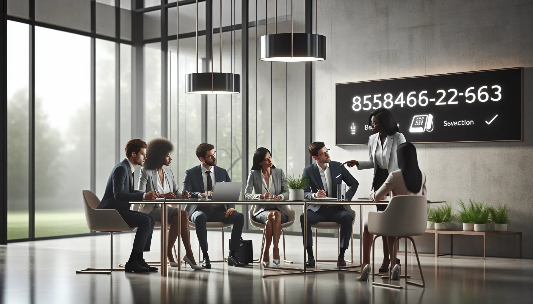 diverse team discussing a toll-free number in a modern office.