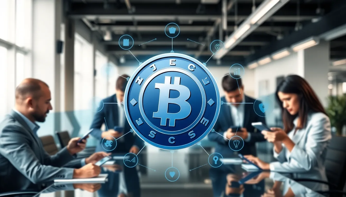 A digital representation of Bitclassic Coin and diverse professionals in a modern office.