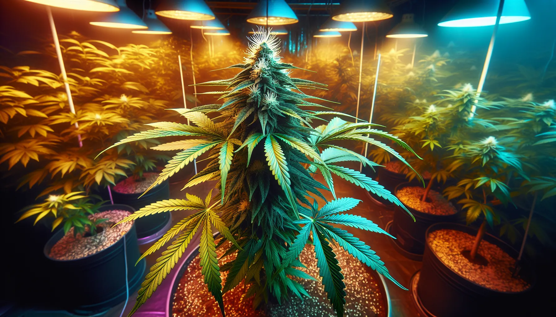 A female cannabis plant with buds and pistils alongside a lean male plant.