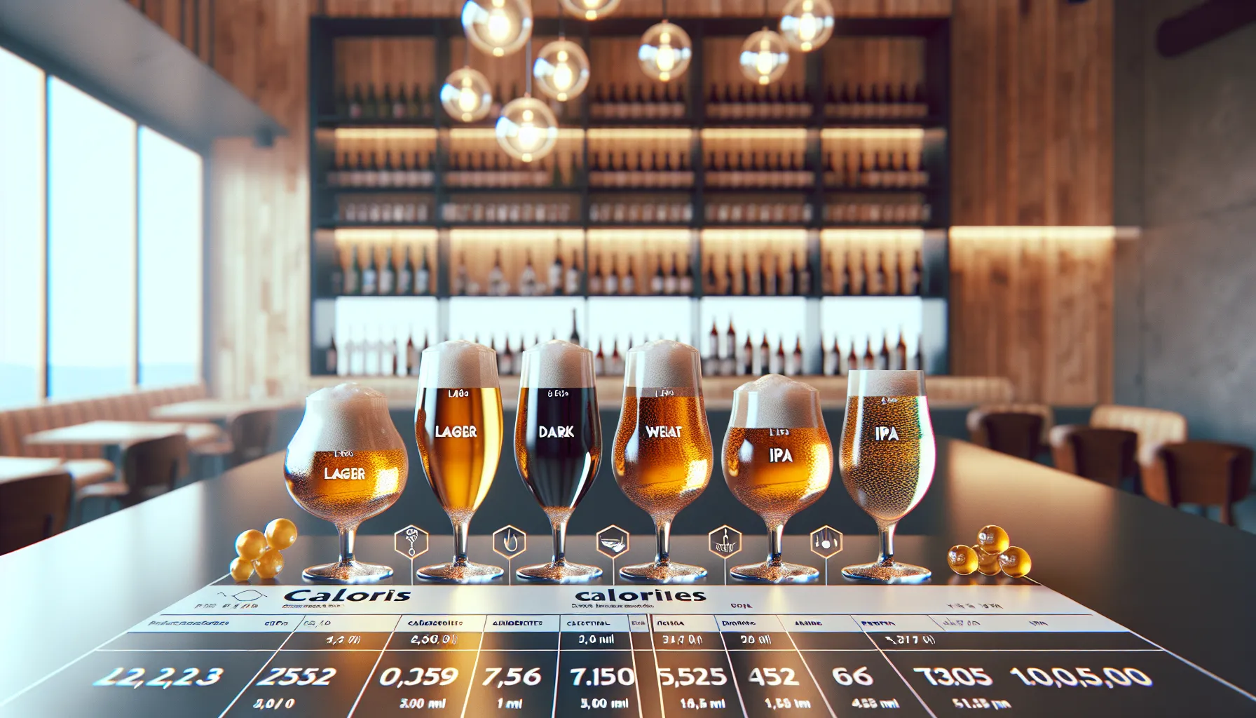 Different beer types with calorie values on a modern bar counter.