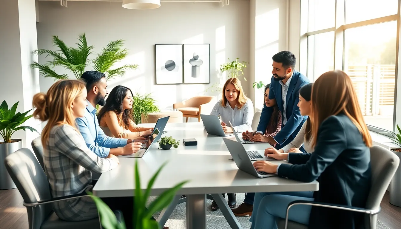 diverse team discussing work life integration in a modern office.