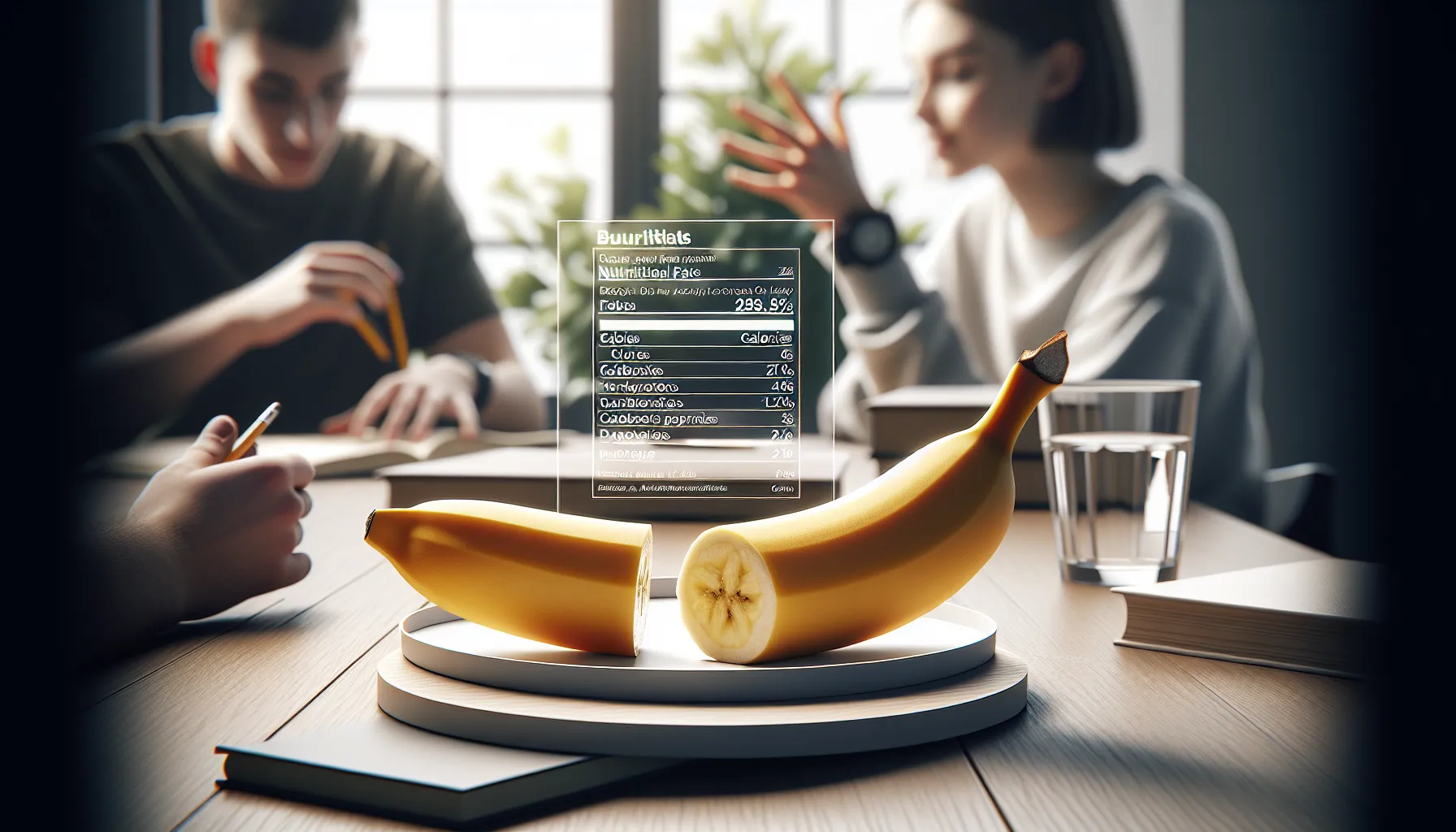 Banana and nutritional facts on a table in a modern study setting.
