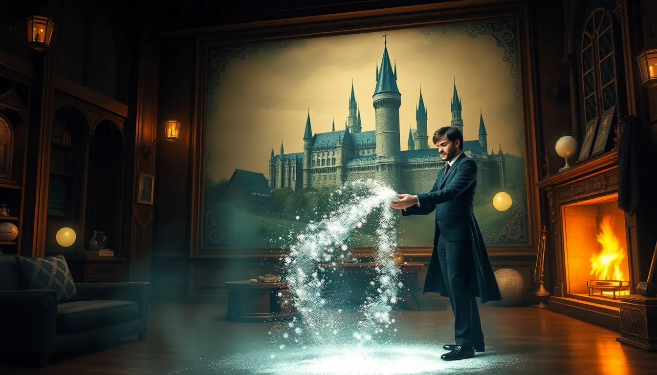wizard using Floo Powder in a magical room.