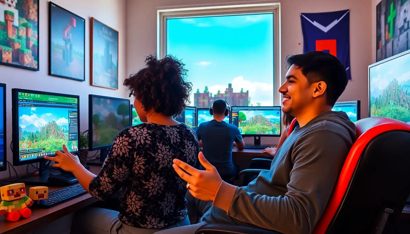 A diverse group of young gamers playing Java Minecraft in a bright room.
